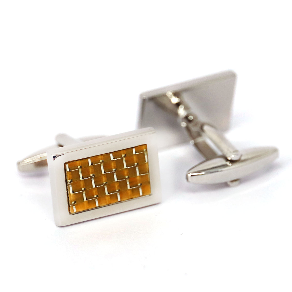 Carbon Fiber Yellow Rectangle Cufflinks in Silver outline
