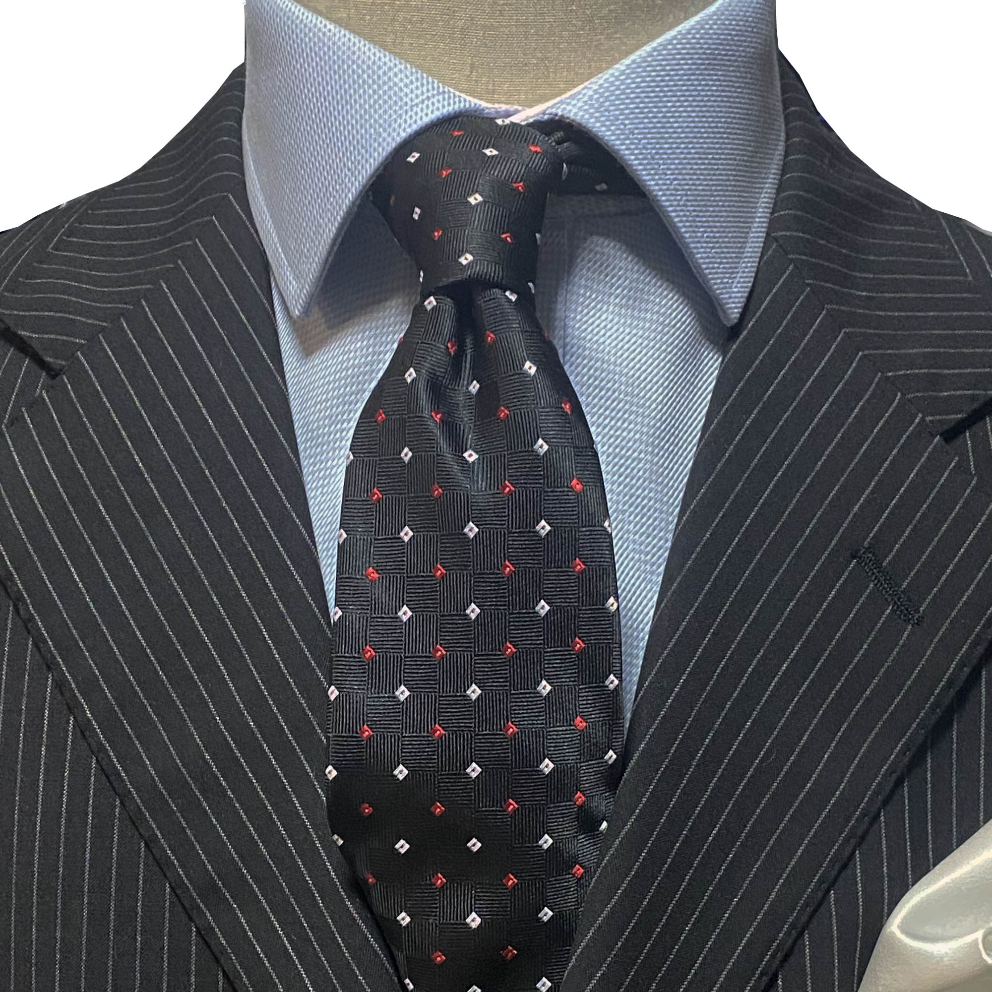 OroTie Square Jacquare Black Background with white and Red diamond