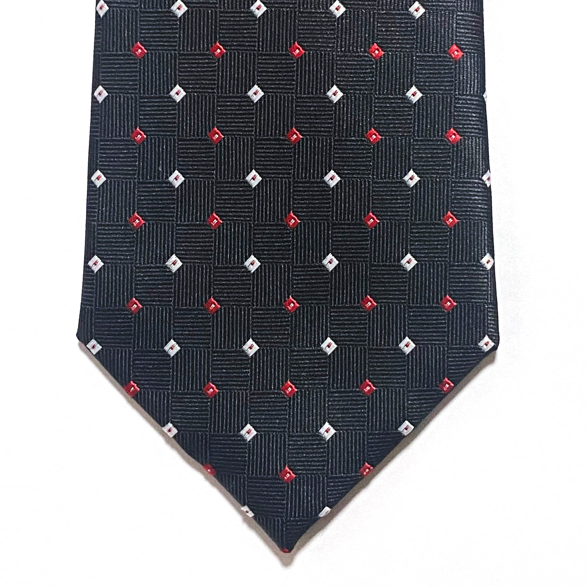 OroTie Square Jacquare Black Background with white and Red diamond