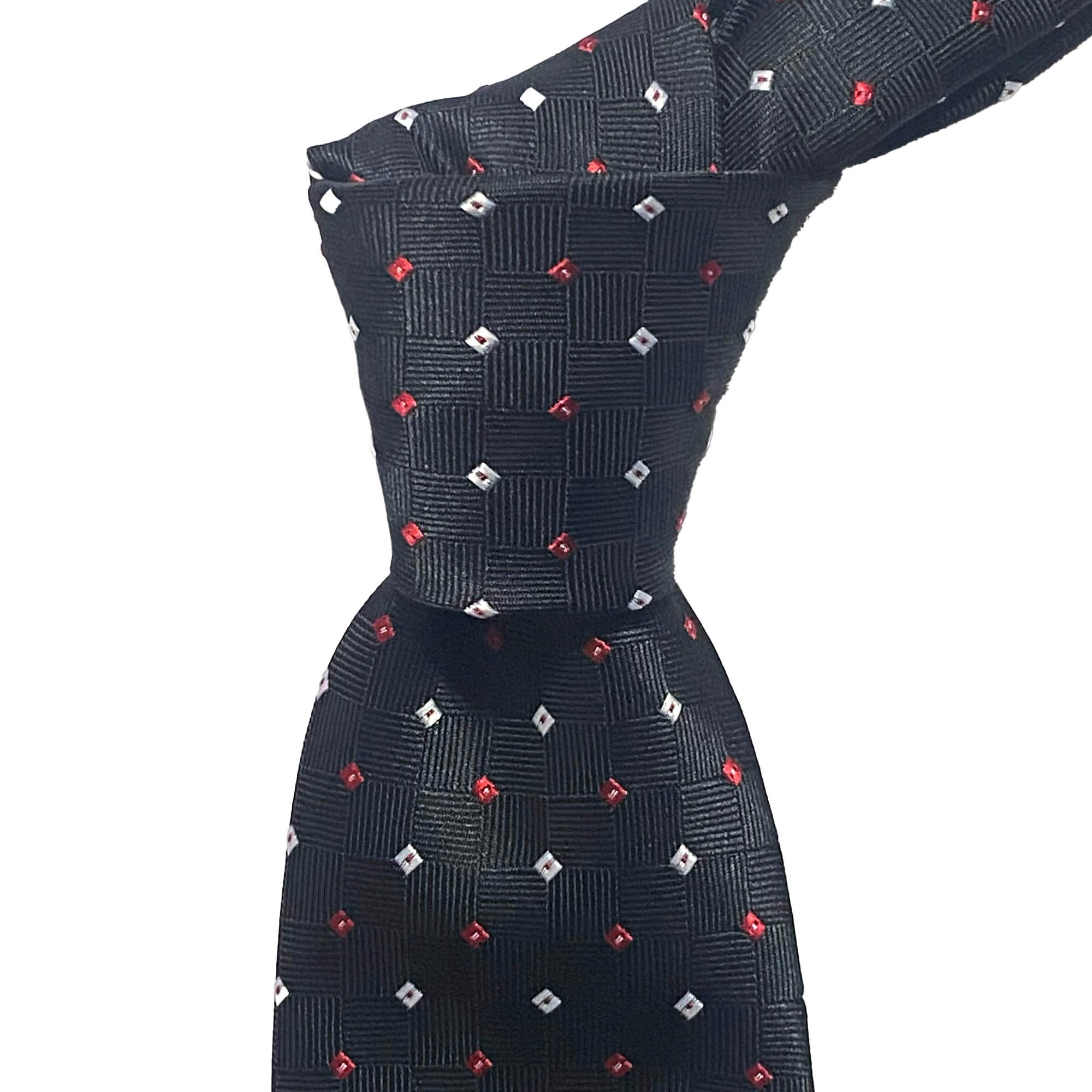 OroTie Square Jacquare Black Background with white and Red diamond