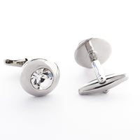 Round Silver One Clear Diamond Crystal Cufflinks