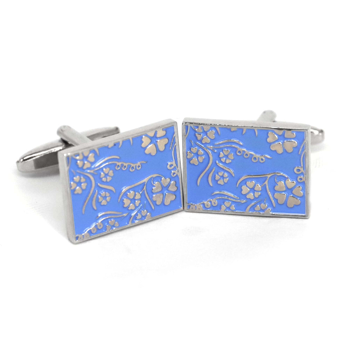 Blue Rectangle Cufflinks with Silver Floral Details (Online Exclusive)