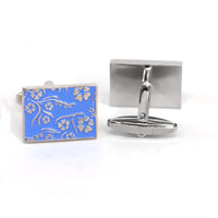 Blue Rectangle Cufflinks with Silver Floral Details (Online Exclusive)