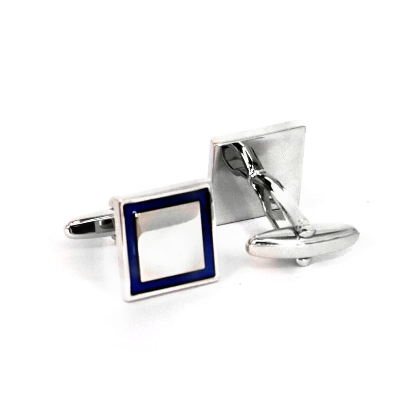 Silver Square Cufflinks with edge blue enamel