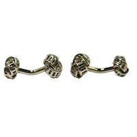 Pair of silver barbell-shaped cufflinks on a white background