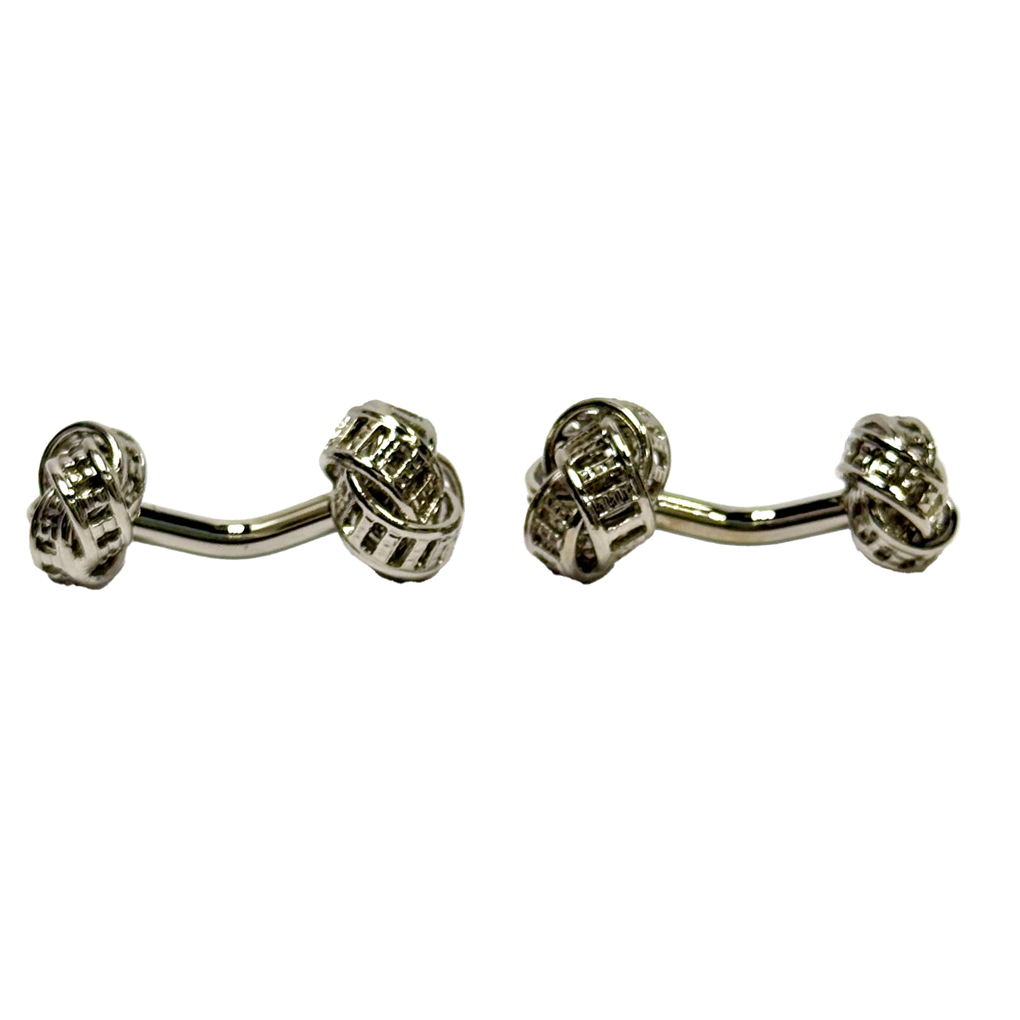 Pair of silver barbell-shaped cufflinks on a white background