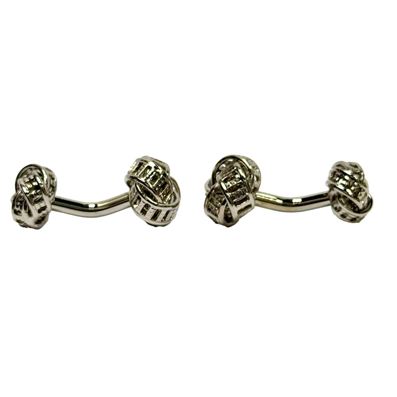 Pair of silver barbell-shaped cufflinks on a white background