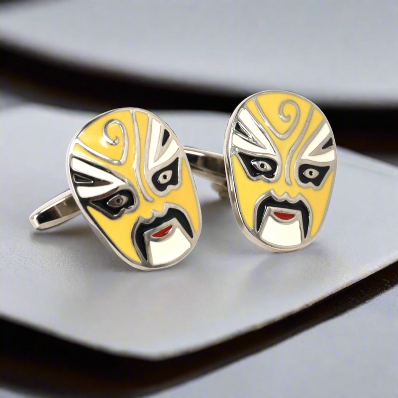 Jing Mask or Chinese Opera mask Yellow white Cufflinks (Online Exclusive)