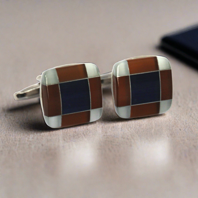 Fiber Glass Rectangle cufflinks in Brown and Dark Blue (Online Exclusive)