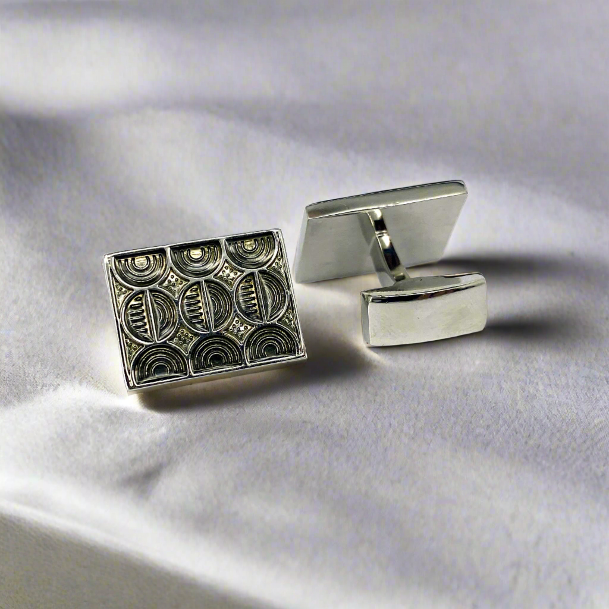 Gunmetal Rectangle Cufflinks with Flower Design (Online Exclusive)