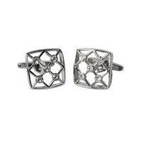 Pair of silver geometric cufflinks on a light gray background