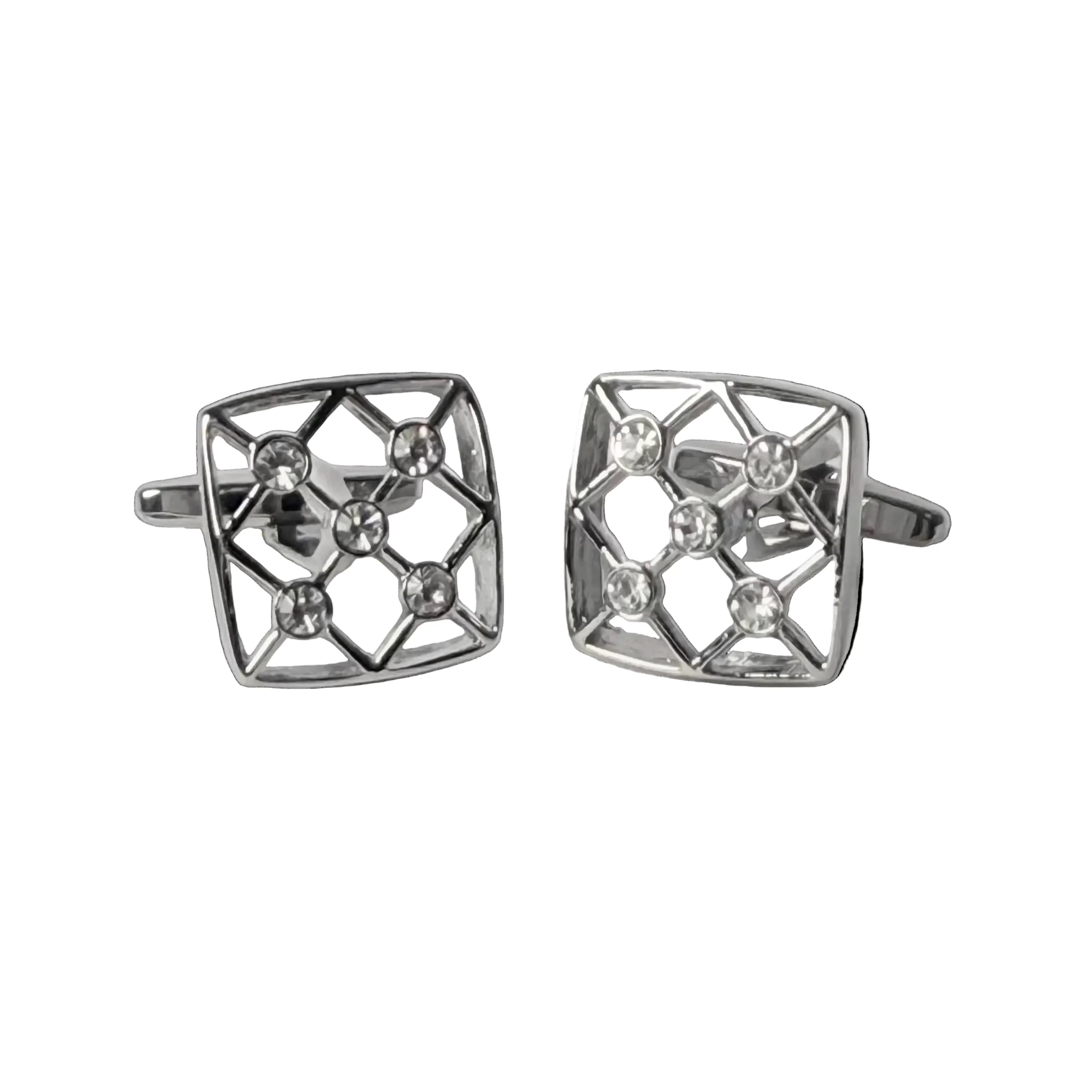 Pair of silver geometric cufflinks on a light gray background