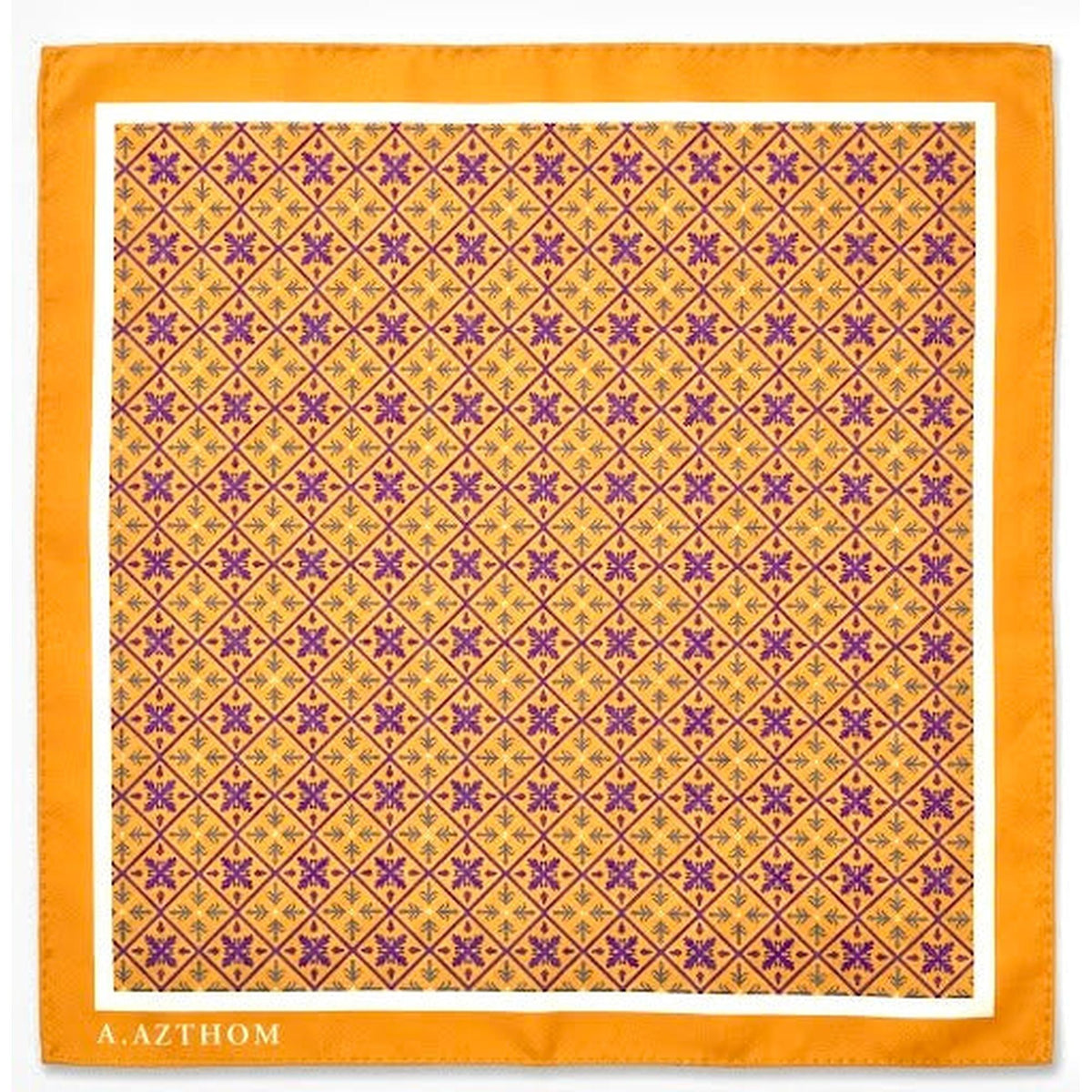 A.Azthom Peranakan Tile Motif Silk Pocket Square – Mustard Yellow & Violet (32x32cm)