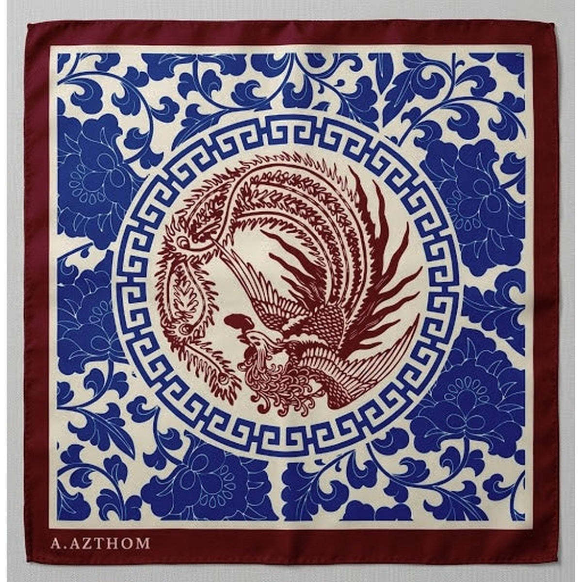 A.Azthom Peranakan Phoenix & Peony Medallion Silk Pocket Square – Burgundy & Navy (32x32cm)