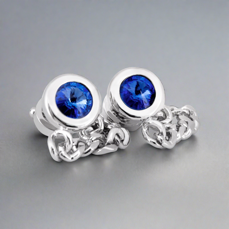 MarZthomson Round Blue Crystal Centrepiece Cufflinks with Chain Wraparound (Online Exclusive)