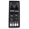 A pair of black Orobianco L'unique suspenders with gray detailing, presented in a black box with the brand's logo on the top.