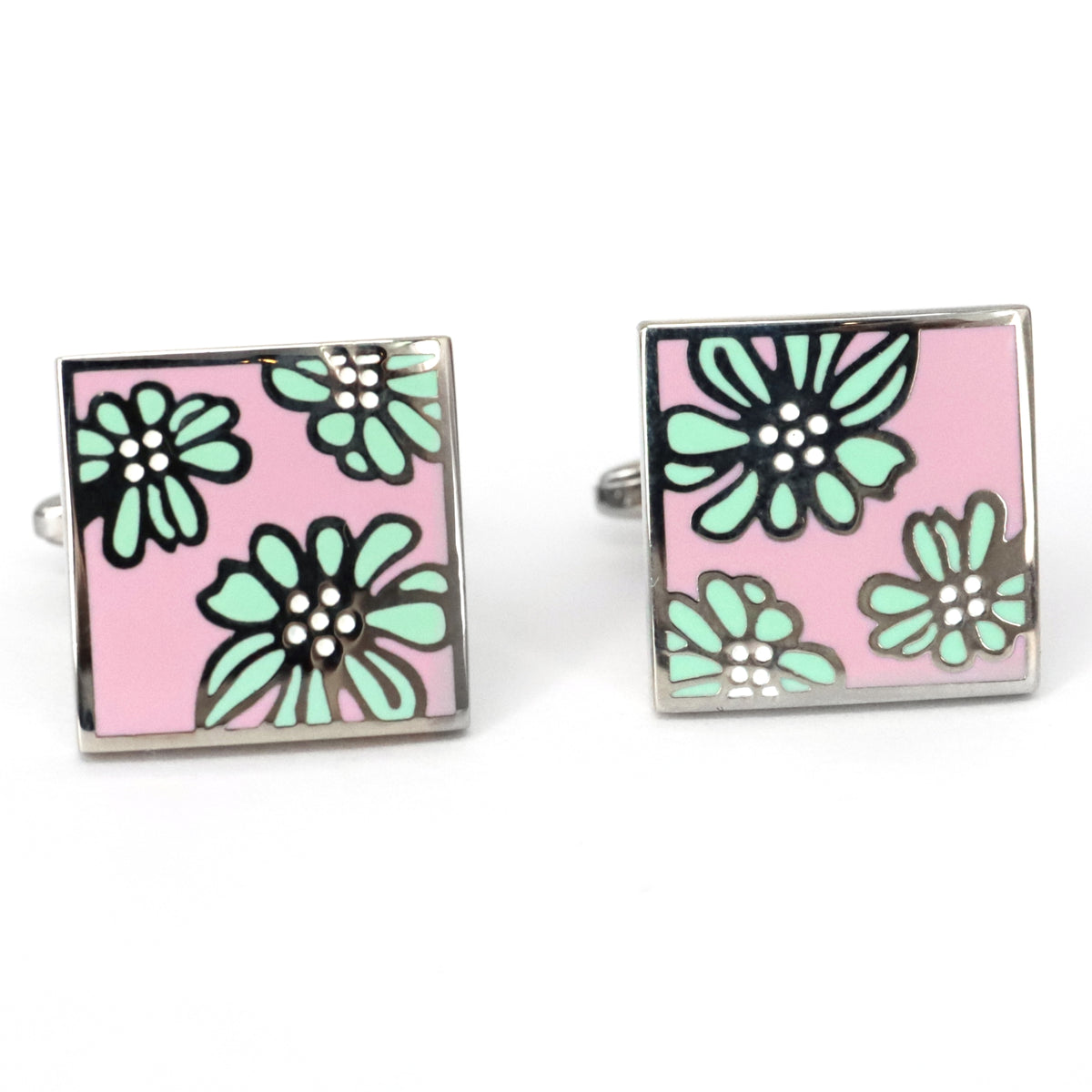 Square Floral Cufflinks in Pink and Blue