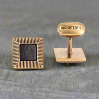 Gold Genuine Black Leather square with Roof top Mansard Cufflinks