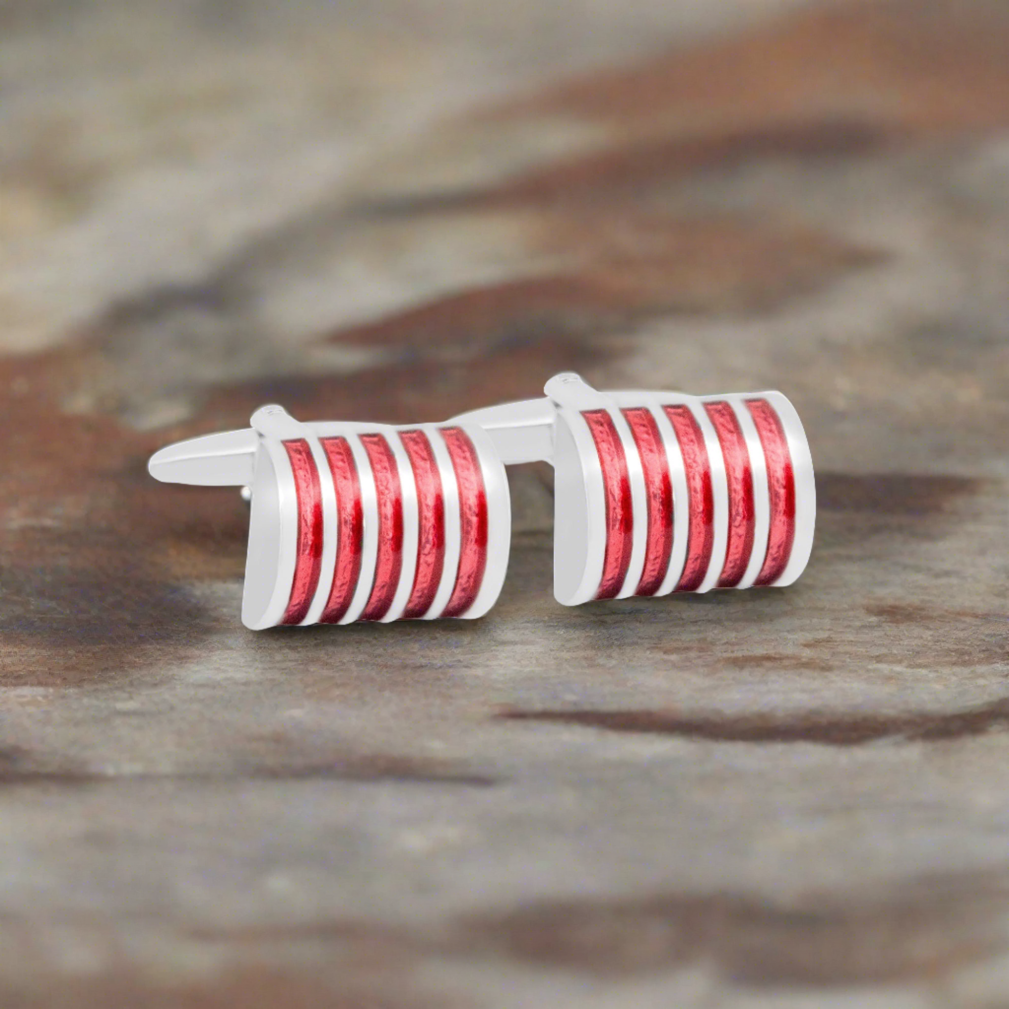 Simple Rectangle Cufflinks with Red Enamel Stripes M