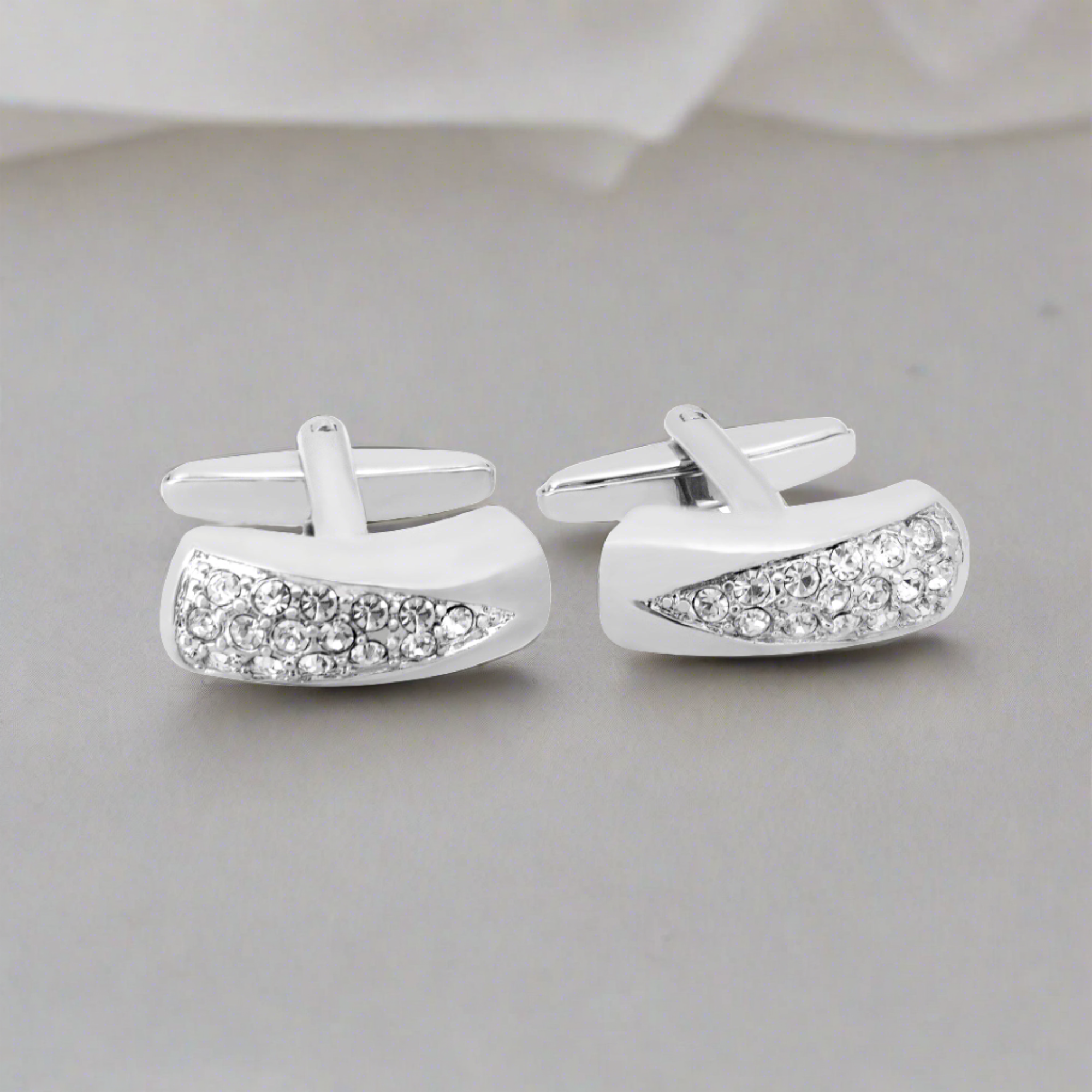 Simple Rectangle Curved Cufflinks with Clear Crystals