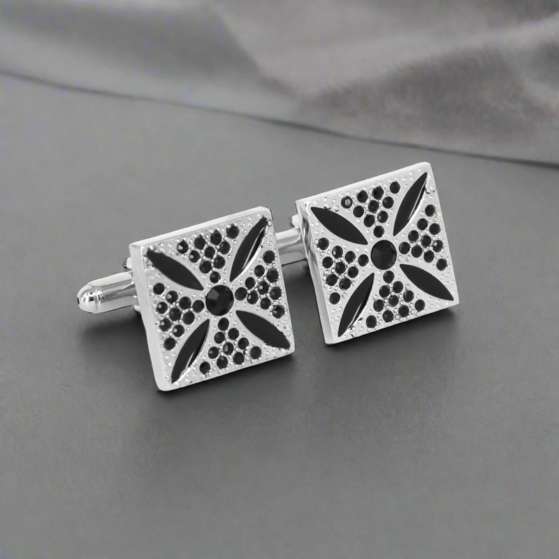 Square silver with Black enamel flower design cufflinks