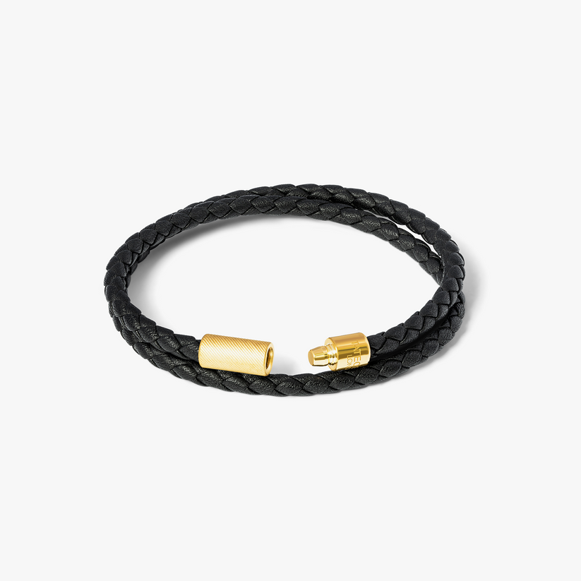 Pop Rigato Double Wrap Leather Bracelet Black With 18K Yellow Gold Plated