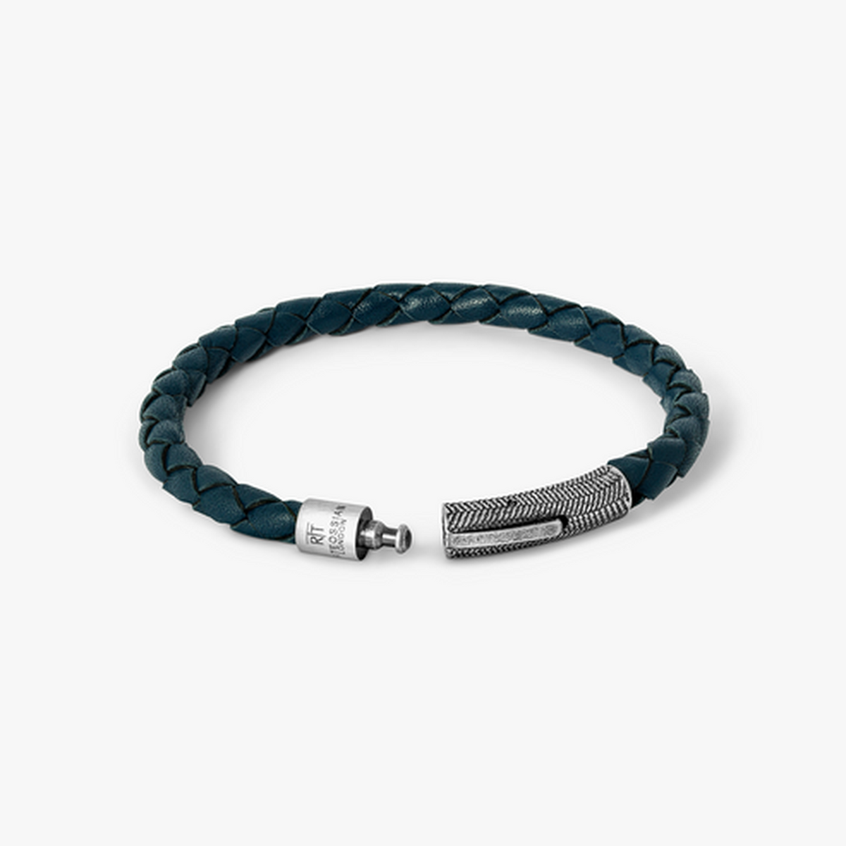 Vinatge Herringbone Click Leather Bracelet Navy With Stainless Steel BR3481 M size 18cm