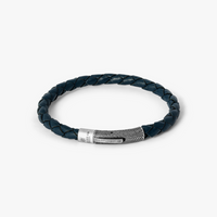 Vinatge Herringbone Click Leather Bracelet Navy With Stainless Steel BR3481 M size 18cm