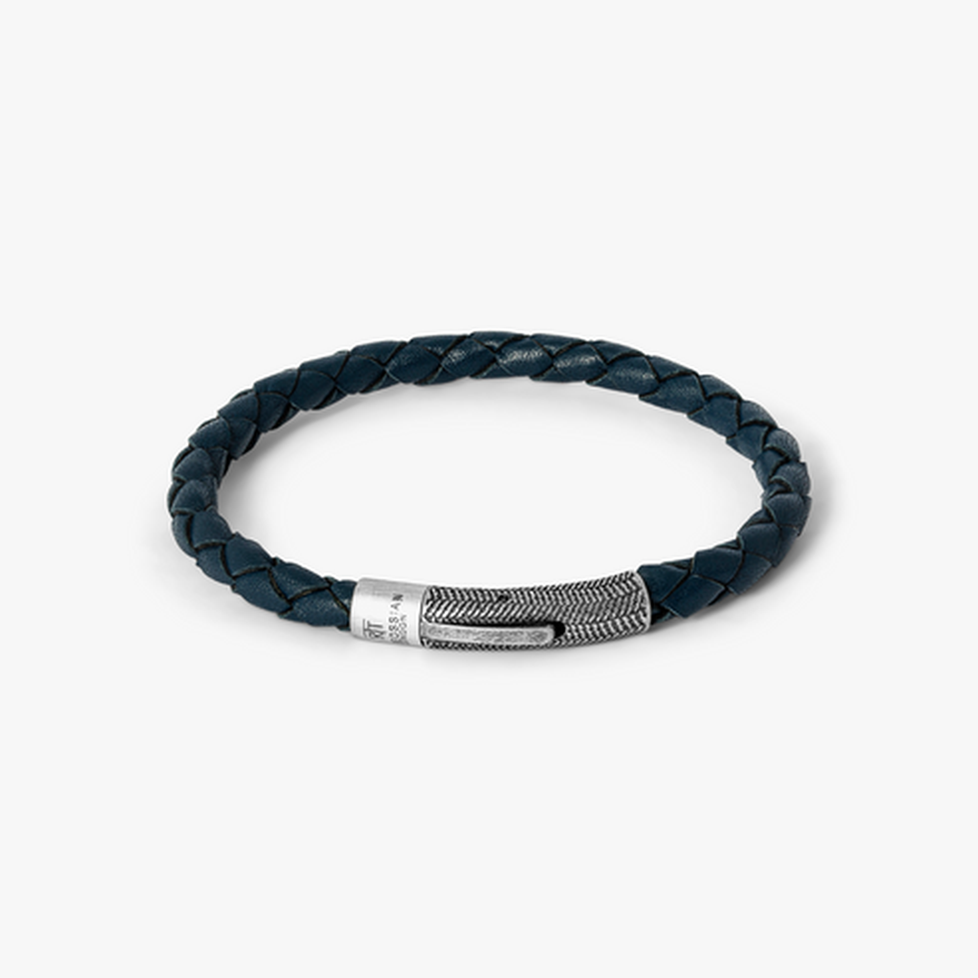 Vinatge Herringbone Click Leather Bracelet Navy With Stainless Steel BR3481 M size 18cm