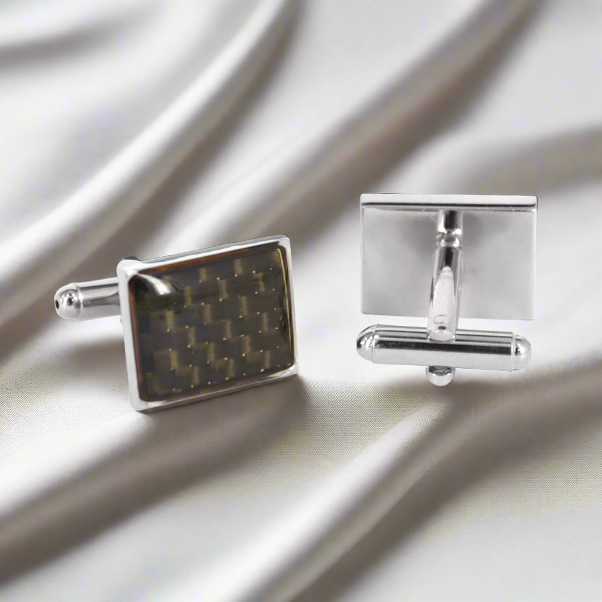 Brown Carbon Fiber rectangle Cufflinks in Silver