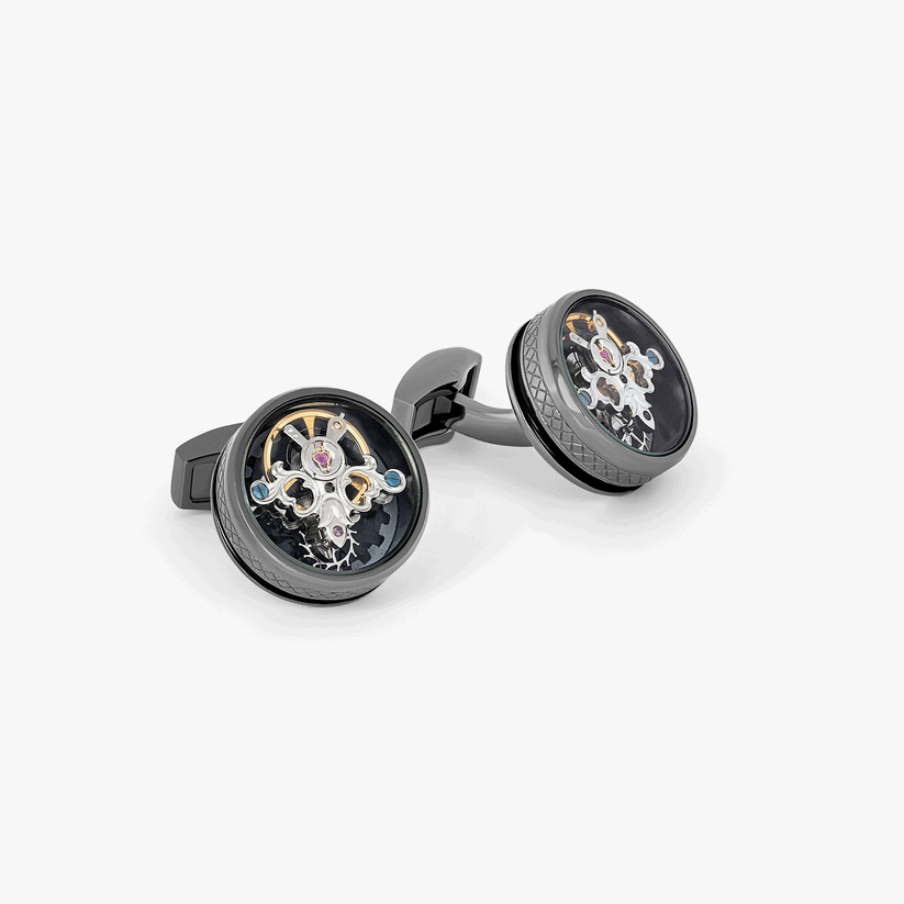 Tateossian Tourbillon Gear Cufflinks Gunmetal Black Enamel