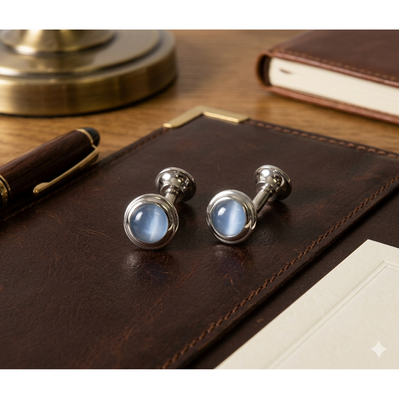 A pair of silver-toned cufflinks with round light blue cabochon gemstones, displayed on a dark brown leather notebook cover on a wooden desk.