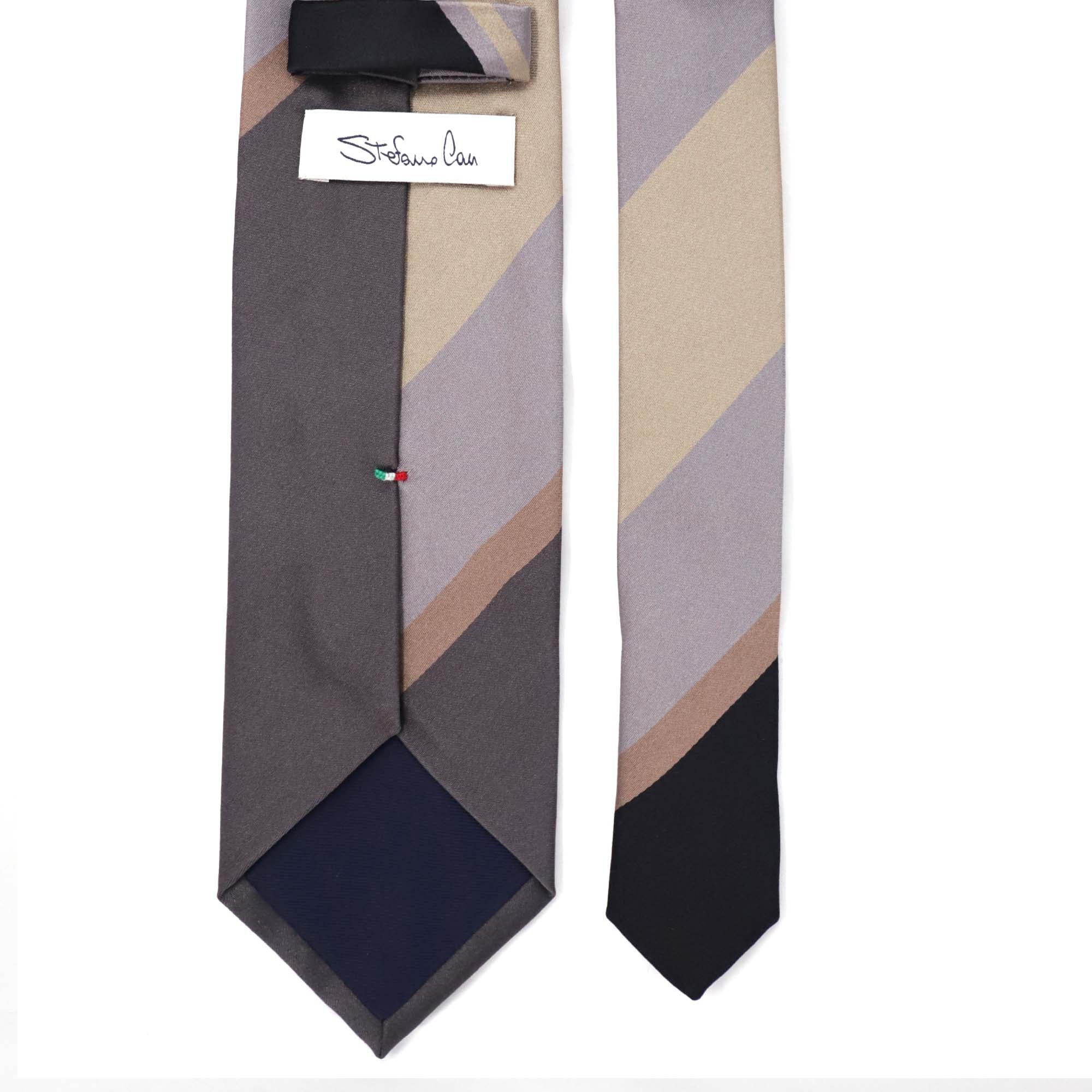 Stefano Cau PANEL DOUBLE STRIPE SATIN TIE - Dark Brown / Brown / Beige