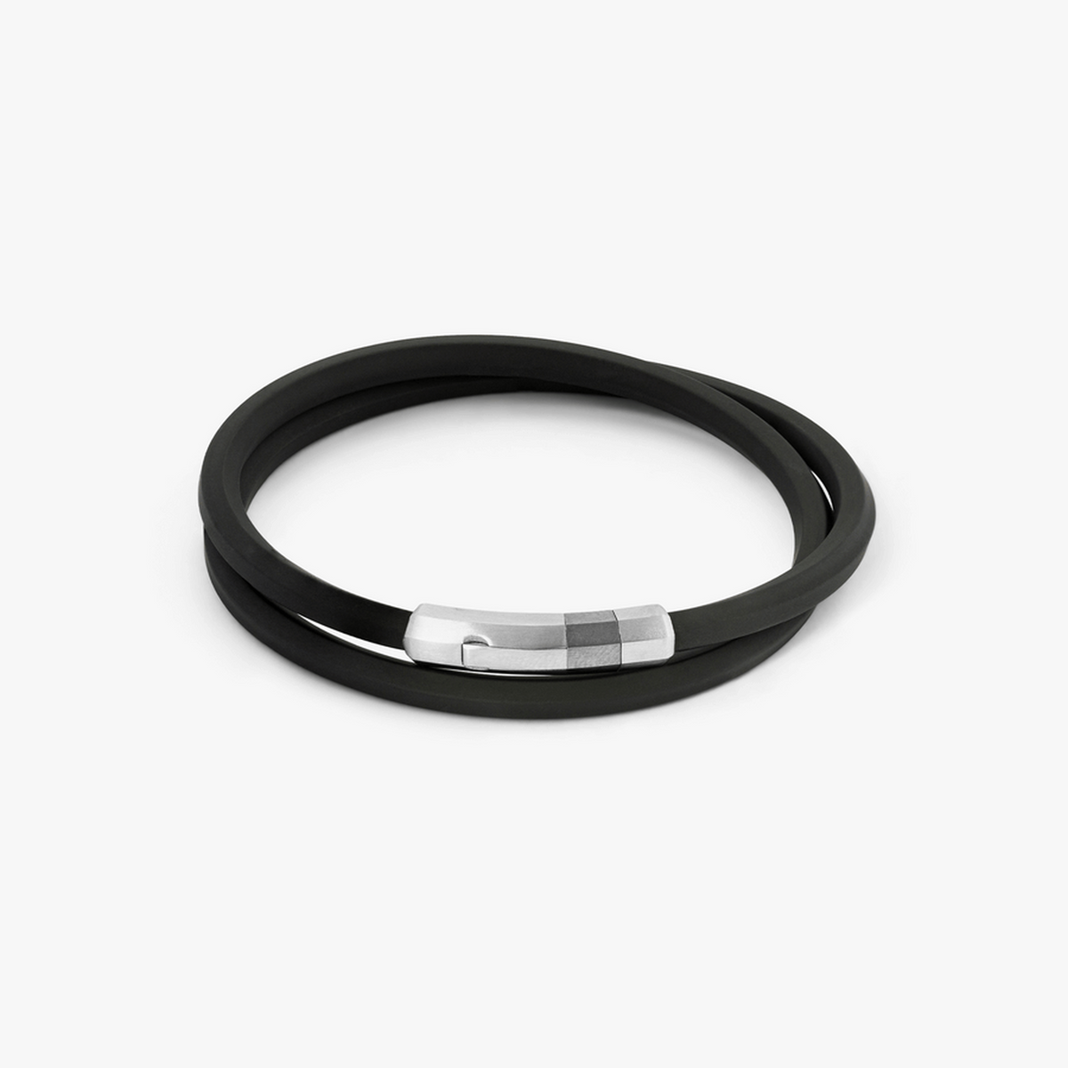 Black Rubber Octagon Click Bracelet with Rhodium-Plated Sterling Silver-Bracelets-Tateossian-Medium-Cufflinks.com.sg