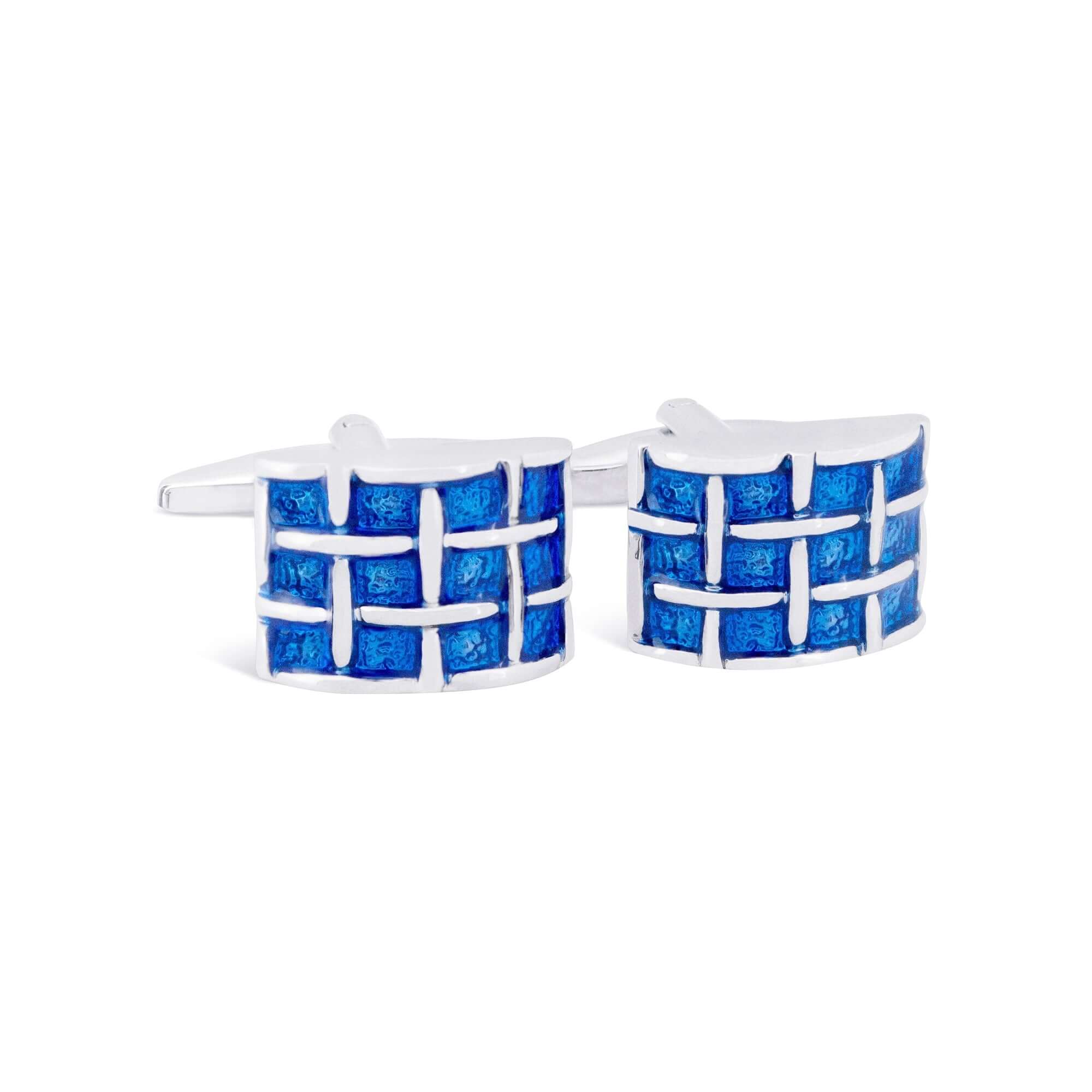 Blue Grid Enamel D-Shape Cufflinks-Cufflinks.com.sg