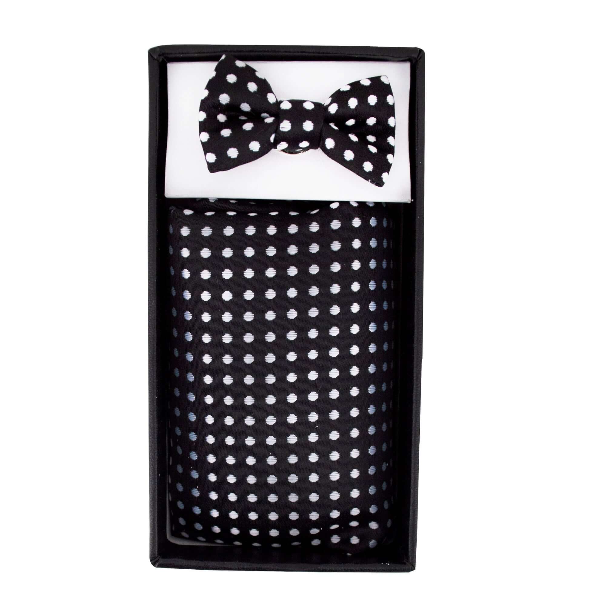 Bow Tie shaped Lapel Pin and Pocket Square Set in Black with White Polka Dot-Cufflinks.com.sg | Neckties.com.sg