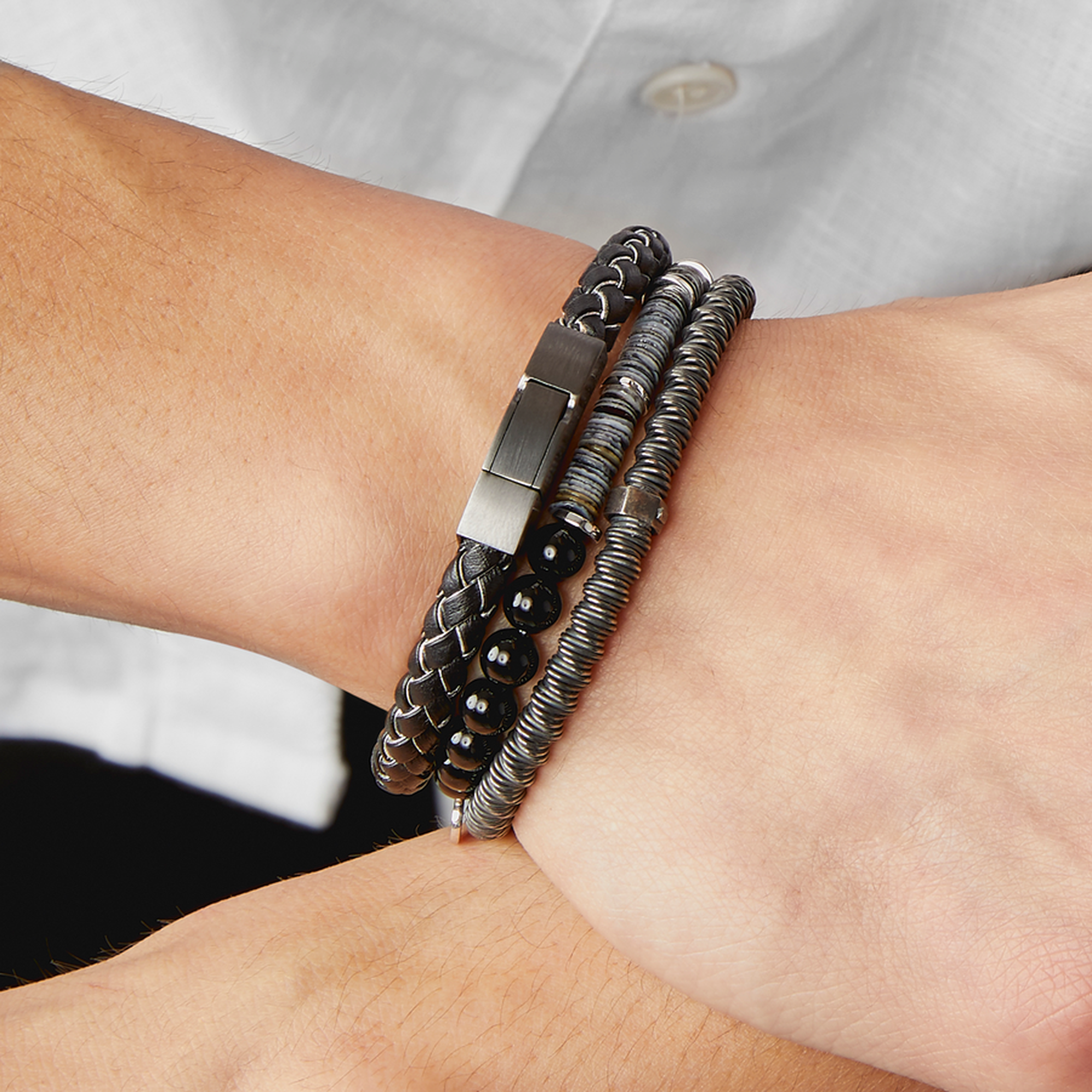 Click Tocco Bracelet in Grey Piped Italian Black Leather with Black Rhodium Plated Sterling Silver-Bracelets-Tateossian-Cufflinks.com.sg