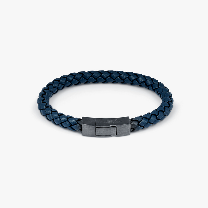 Click Tocco Bracelet in Grey Piped Italian Blue Leather with Black Rhodium Plated Sterling Silver-Bracelets-Tateossian-Cufflinks.com.sg