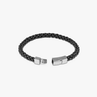 Click Trenza Bracelet in Italian Black Leather with Black Rhodium Plated Sterling Silver-Bracelets-Tateossian-Cufflinks.com.sg