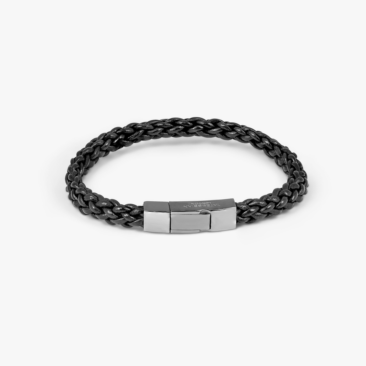 Click Trenza Bracelet in Italian Black Leather with Black Rhodium Plated Sterling Silver-Bracelets-Tateossian-Medium-Cufflinks.com.sg