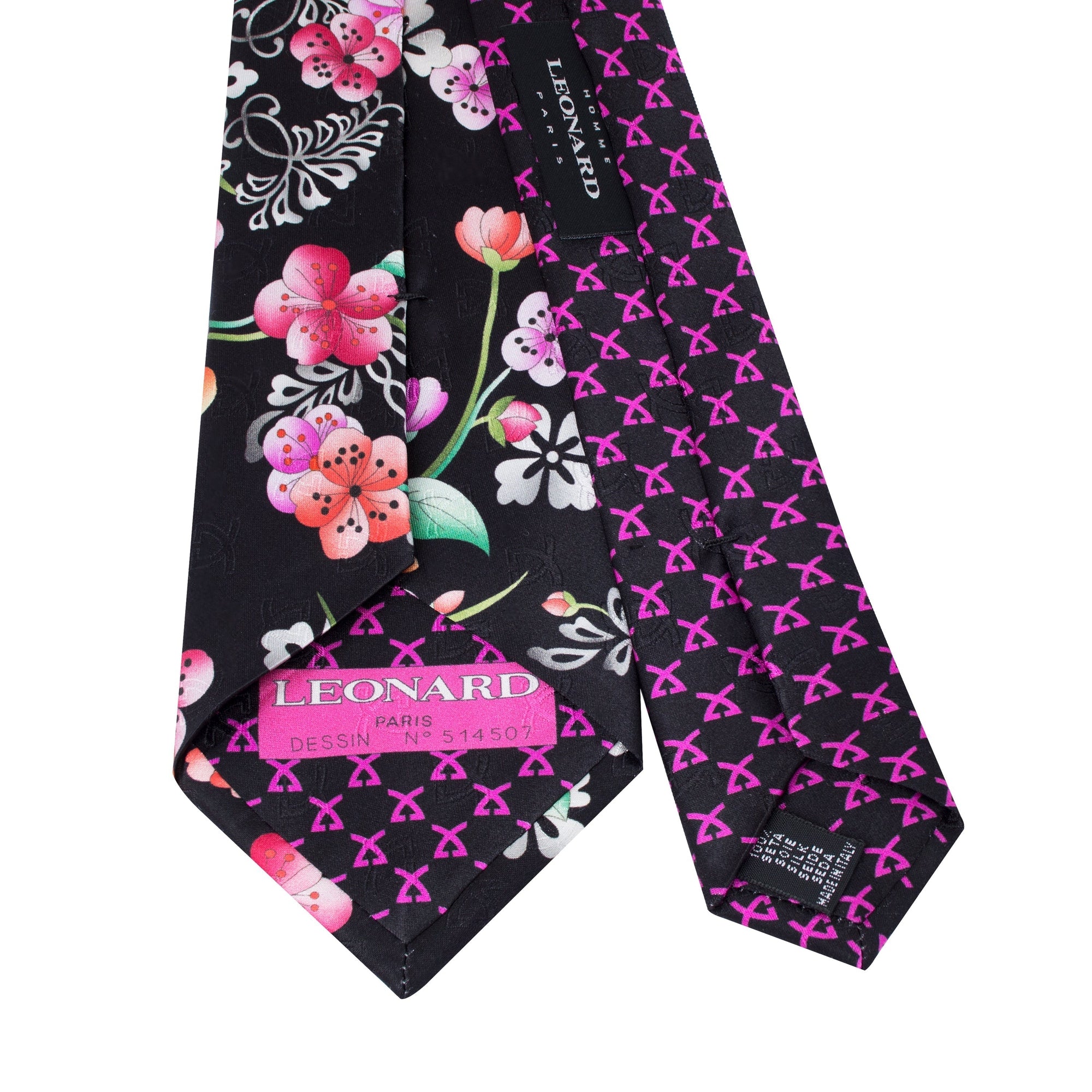 Leonard Black Silk Satin 8cm Tie with Floral Prints-Cufflinks.com.sg | Neckties.com.sg