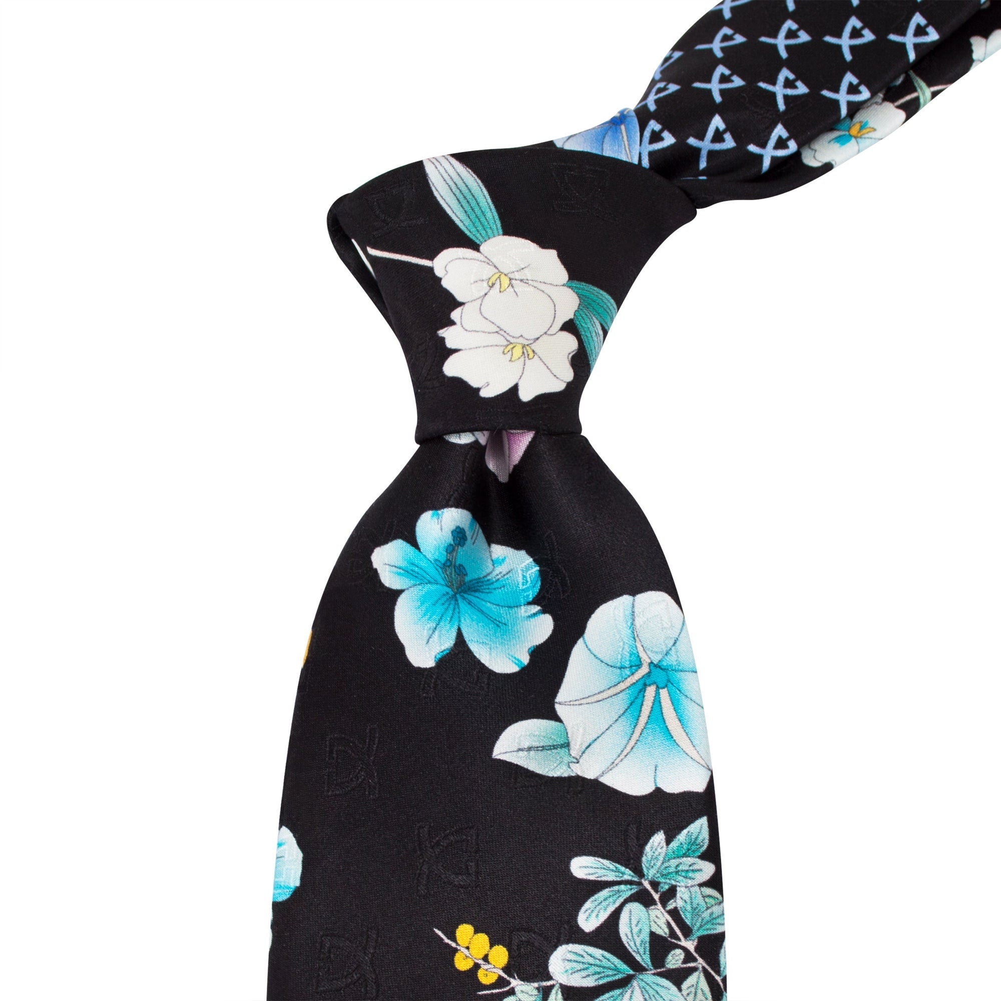 Leonard Black Silk Satin 8cm Tie with Floral and Yellow Cherry Prints-Cufflinks.com.sg | Neckties.com.sg