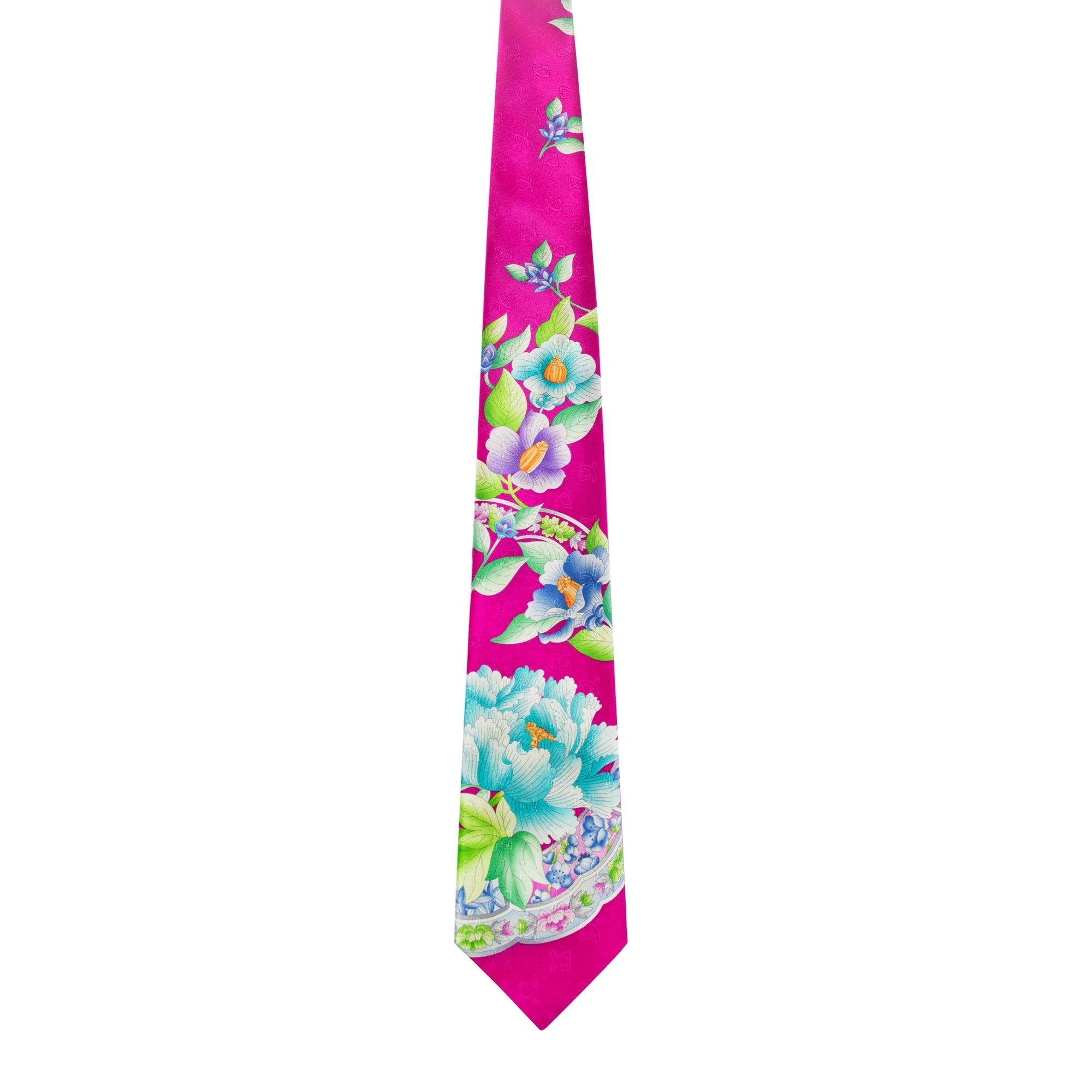 Leonard Fuchsia Silk Satin 8cm Tie with Floral Prints