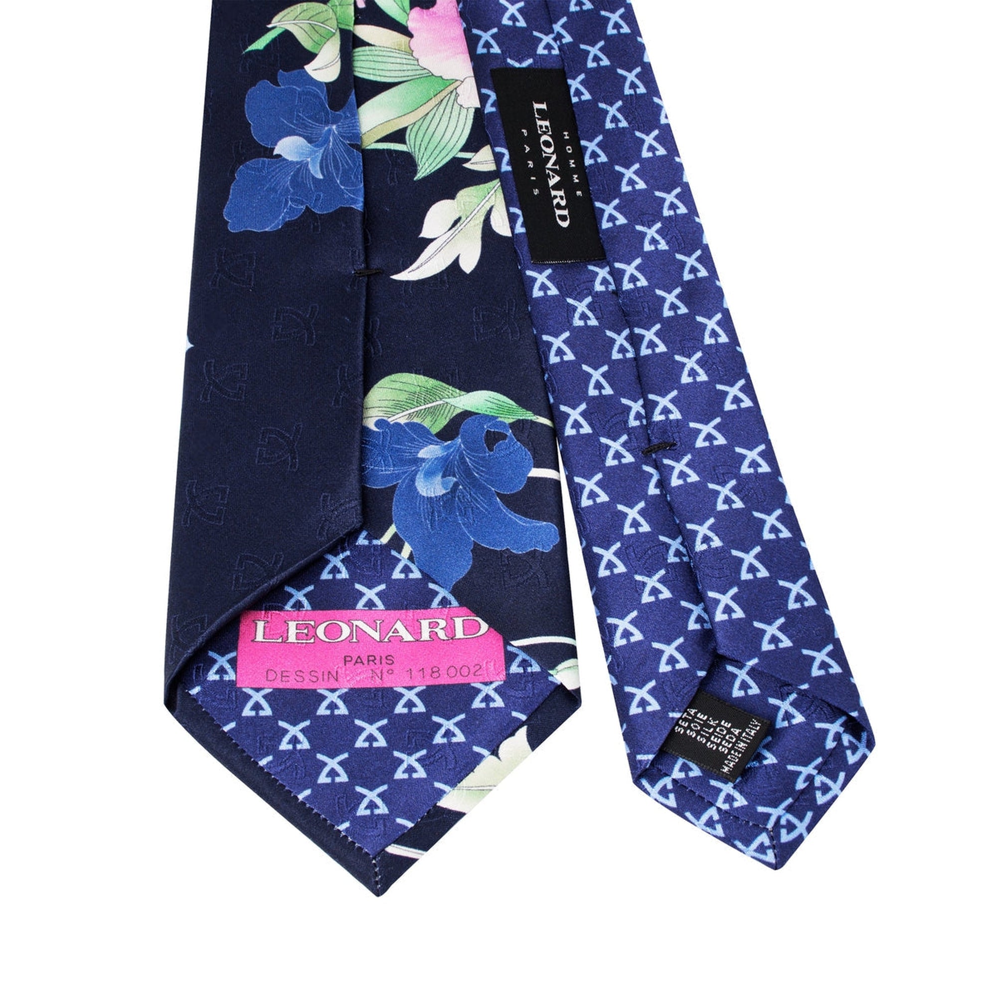 Leonard Navy Silk Satin 8cm Tie with Floral Prints-Cufflinks.com.sg | Neckties.com.sg