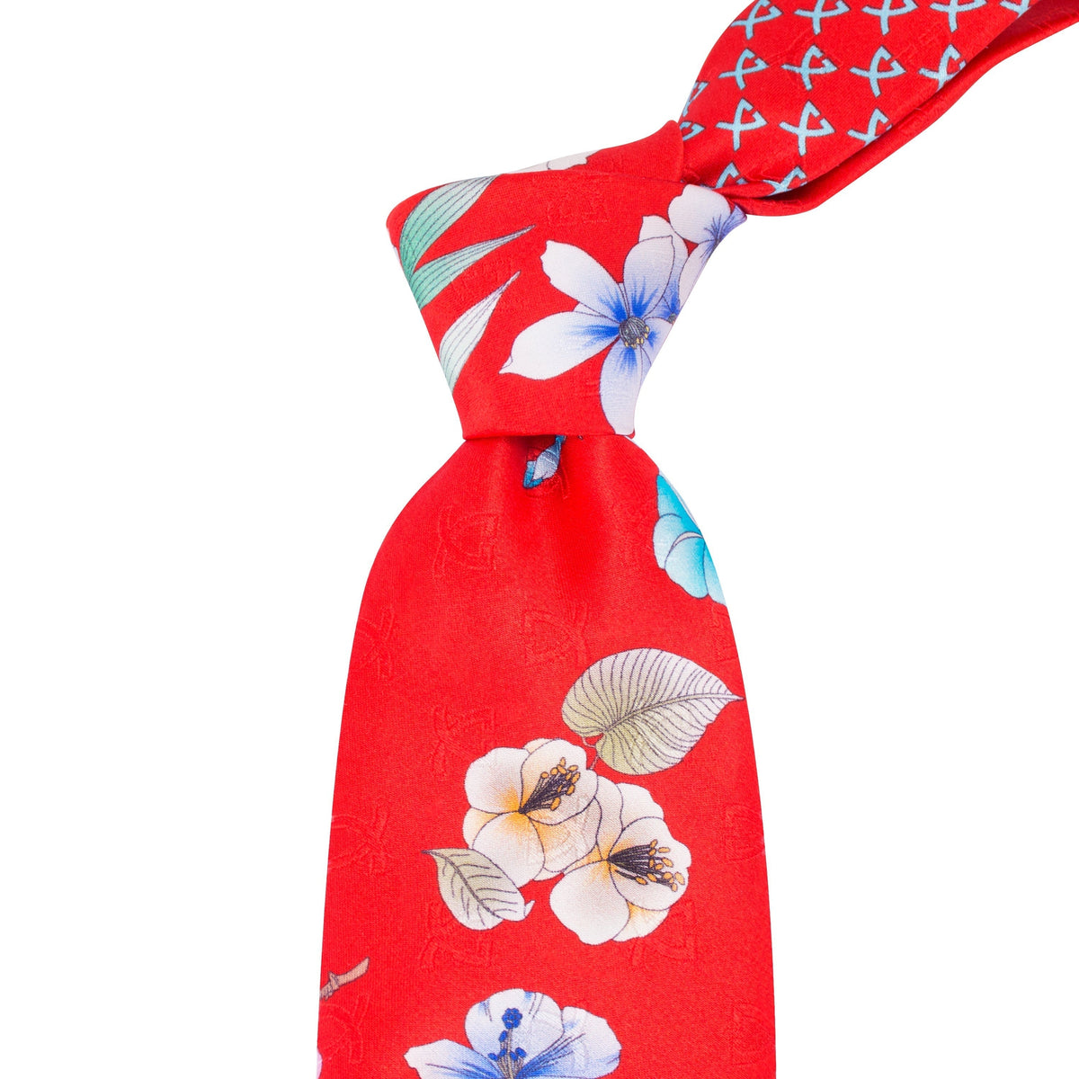 Leonard Scarlet Silk Satin 8cm Tie with Floral and Pink Cherry Prints-Cufflinks.com.sg | Neckties.com.sg