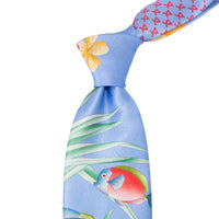 Leonard Sky Blue Silk Satin 8cm Tie with Floral and Fish Prints-Cufflinks.com.sg | Neckties.com.sg