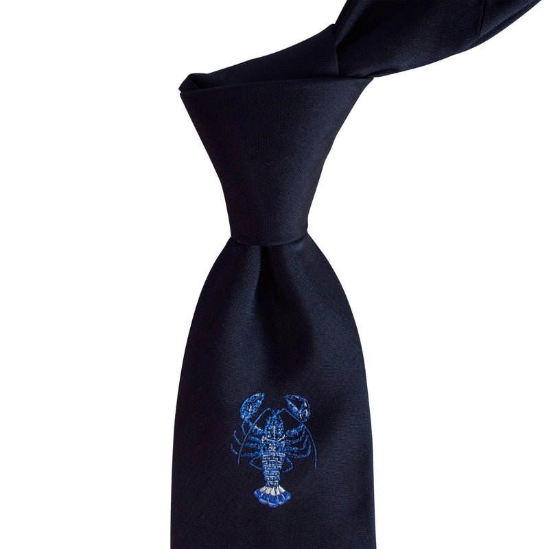 Lobster Embroidered Silk Satin Necktie in Navy Blue-Cufflinks.com.sg | Neckties.com.sg