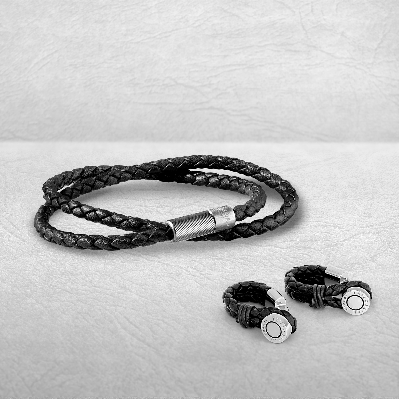 Pelle Wrap Around cufflinks in black leather with rhodium finish-Novelty Cufflinks-Tateossian-Cufflinks.com.sg