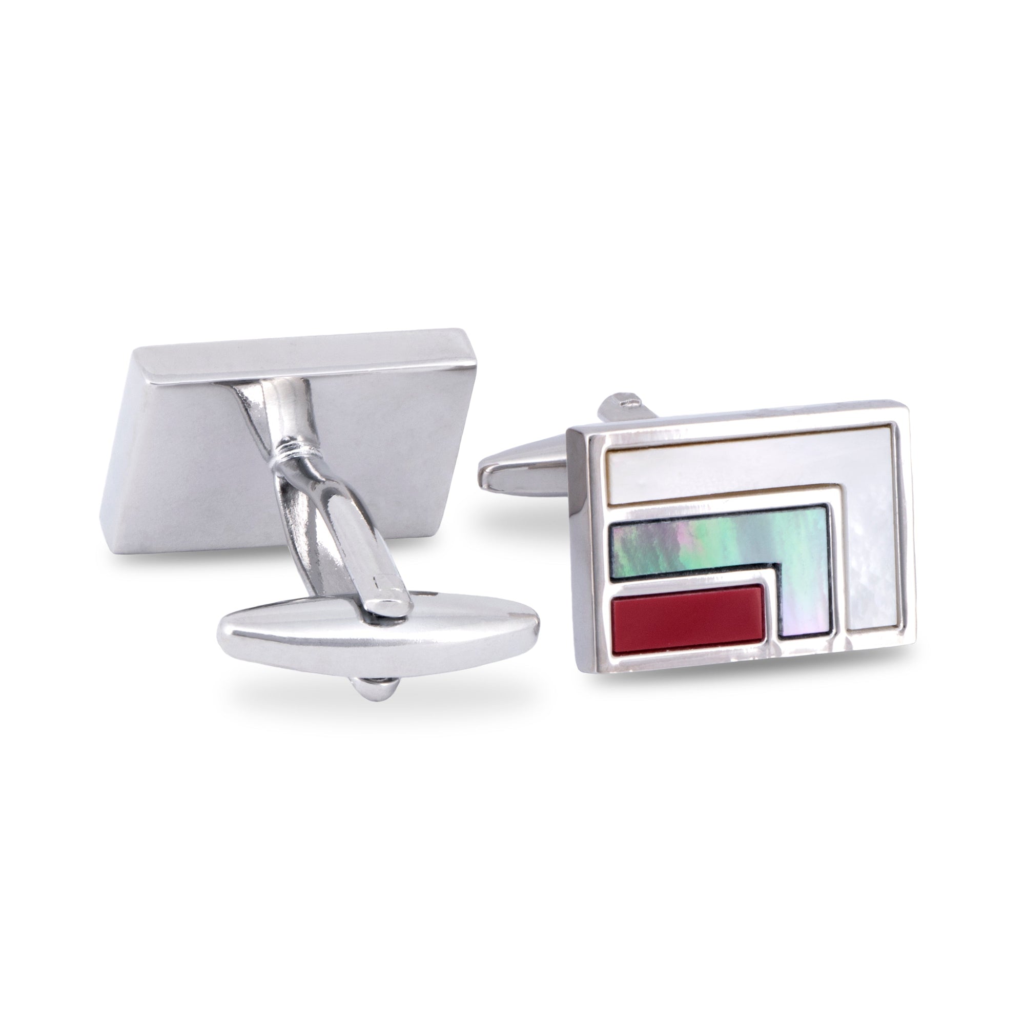 Rectangle Cufflinks with Red Enamel and Mother of Pearl Details-Cufflinks.com.sg