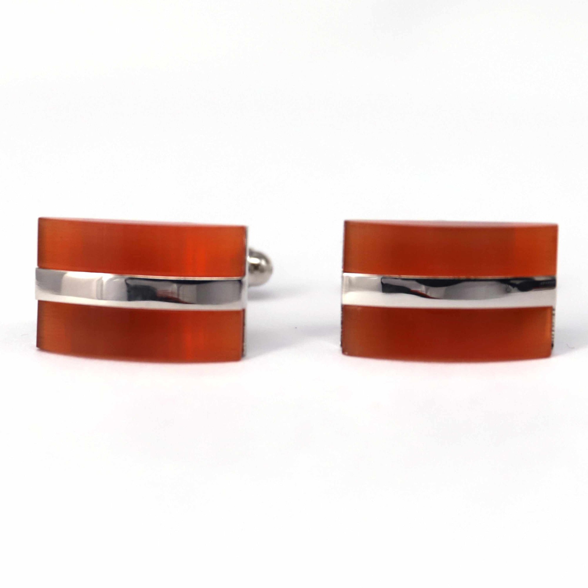 Rectangular Orange Fiber Glass Cufflinks with Silver Inserts-Cufflinks.com.sg